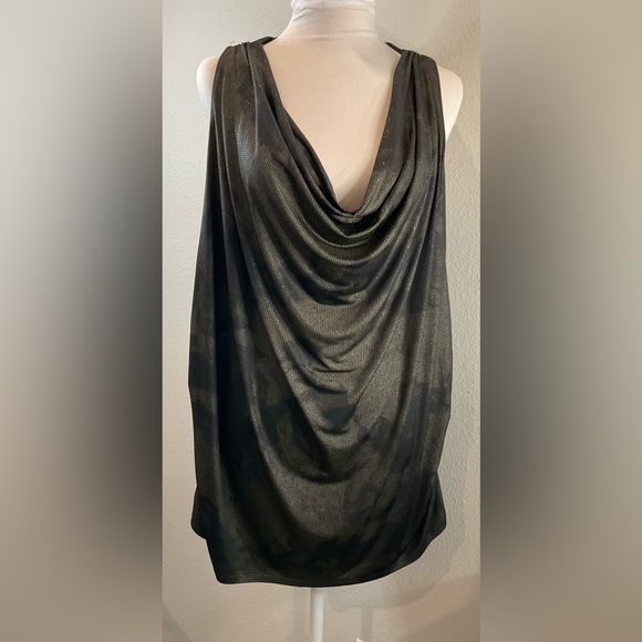 Torrid Curve Tops - Torrid Draped Tank Top in Black with Subtle Gold Metallic Design